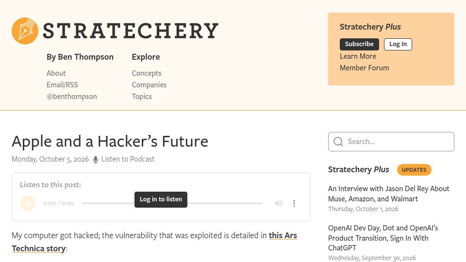 Screenshot of stratechery.com: Apple and a hacker's future