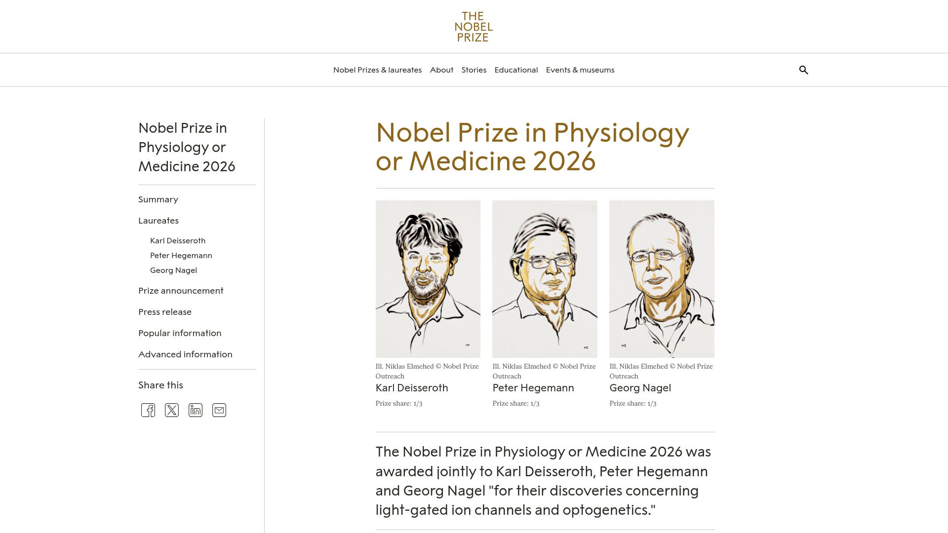 Screenshot of nobelprize.org: 2026 Nobel Prize in Physiology or Medicine: Deisseroth, Hegemann, Nagel