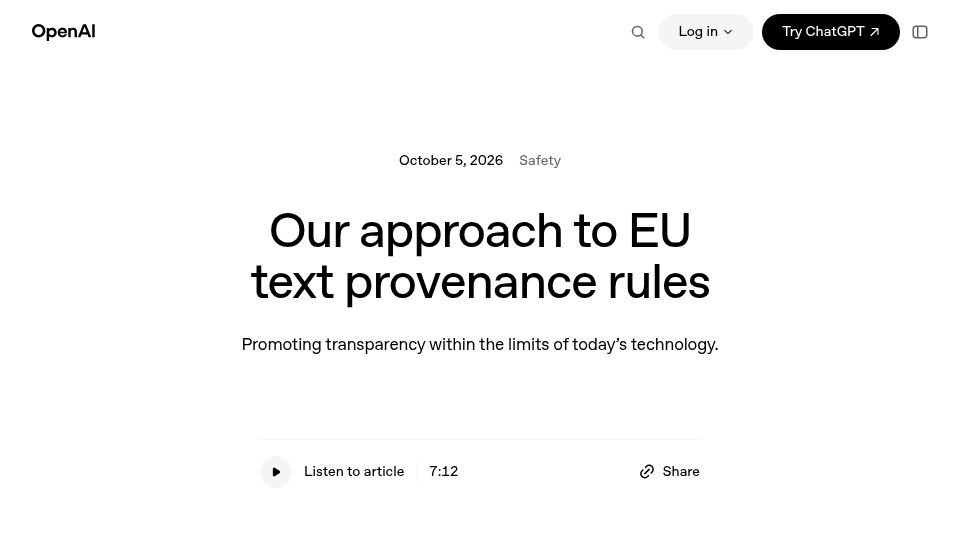 Screenshot of openai.com: Our approach to EU text provenance rules