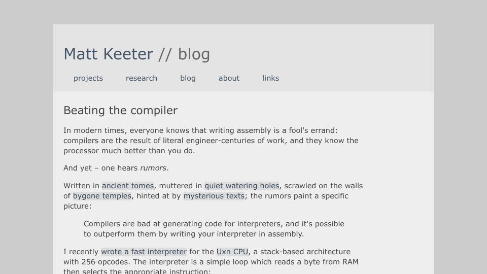 Screenshot of mattkeeter.com: Beating the compiler (2024)