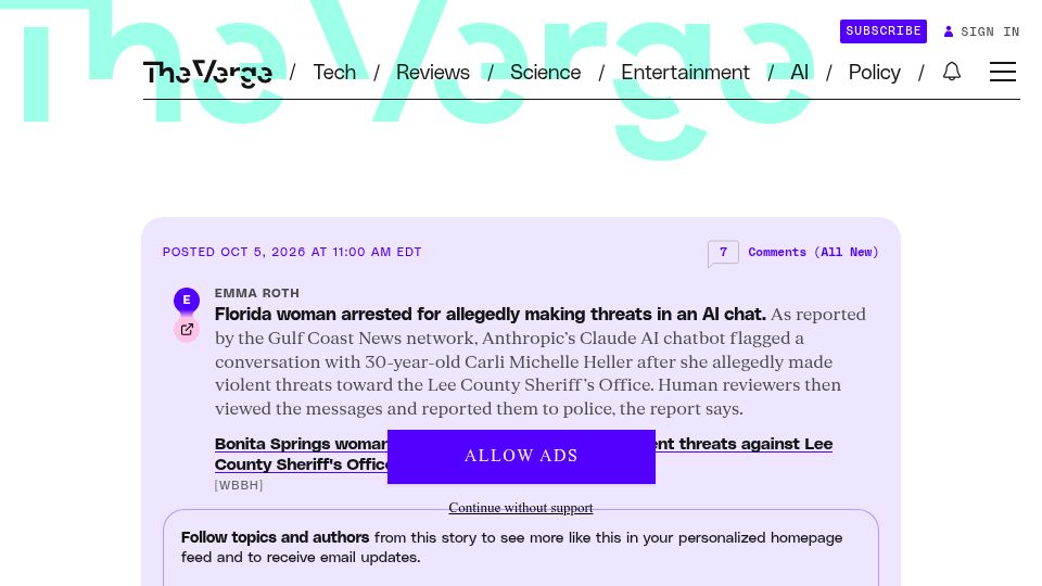 Screenshot of theverge.com: Florida woman arrested for allegedly making threats in an AI chat