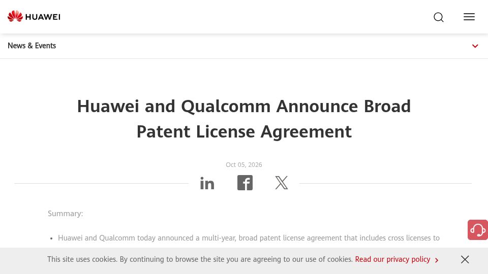 Screenshot of bloomberg.com: Qualcomm licenses patents on Huawei’s LogicFolding chip tech