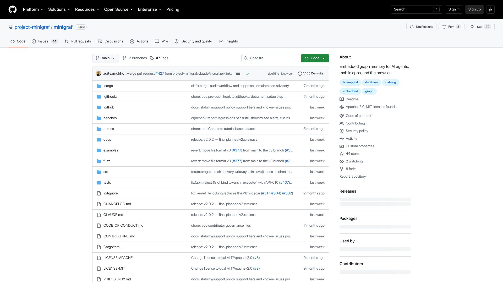 Screenshot of github.com: Show HN: Minigraf – An embedded, bi-temporal graph database in Rust