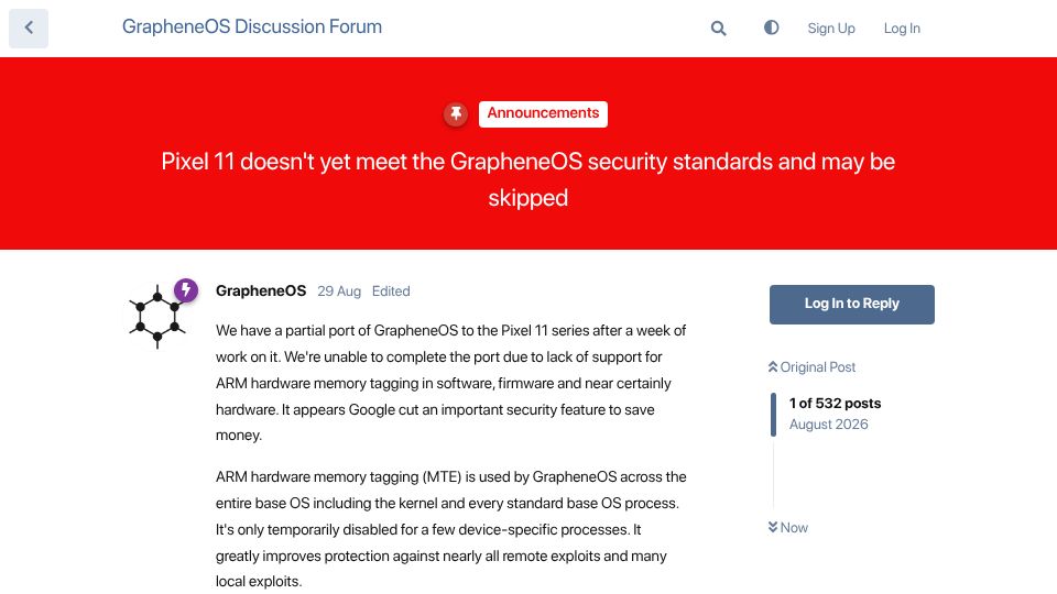 Screenshot of discuss.grapheneos.org: Pixel 11 doesn't yet meet the GrapheneOS security standards and may be skipped