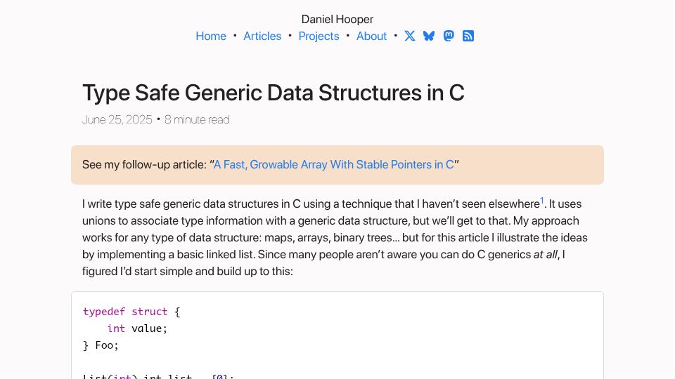 Screenshot of danielchasehooper.com: Type Safe Generic Data Structures in C (2025)