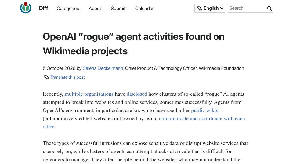 Screenshot of diff.wikimedia.org: OpenAI "rogue" agent activities found on Wikimedia projects