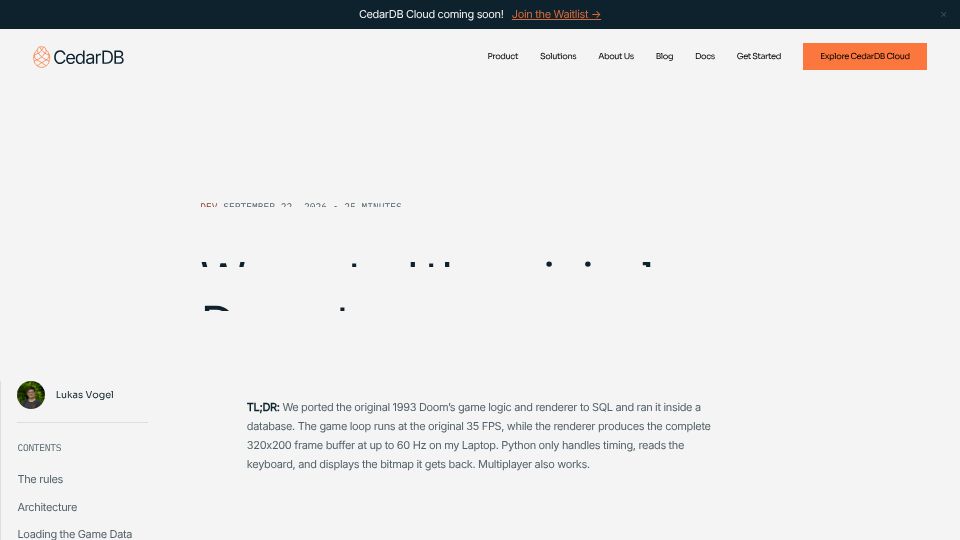 Screenshot of cedardb.com: We ported the original Doom to SQL