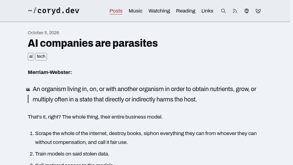Screenshot of coryd.dev: AI Companies Are Parasites