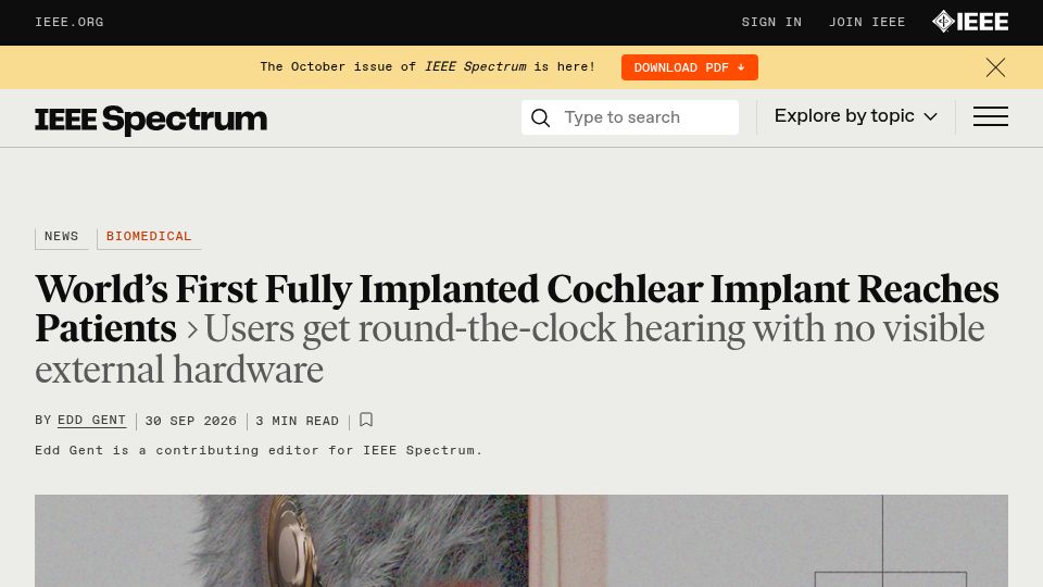 Screenshot of spectrum.ieee.org: The first fully implanted cochlear implant reaches patients