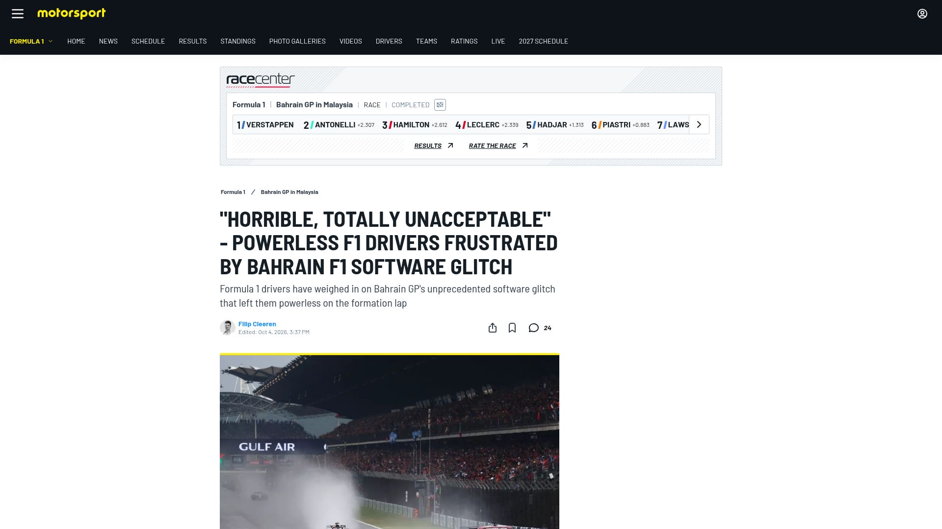 Screenshot of motorsport.com: Powerless F1 drivers frustrated by Bahrain F1 software glitch