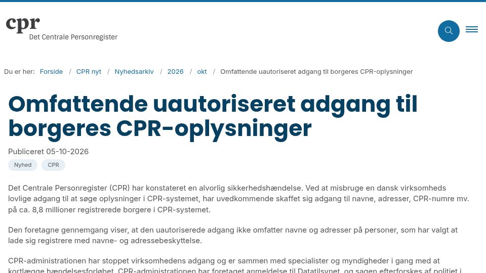 Screenshot of cpr.dk: Denmark data breach exposes 8.8M people's personal data