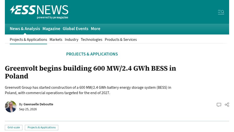 Screenshot of ess-news.com: Greenvolt begins building 600 MW/2.4 GWh BESS in Poland