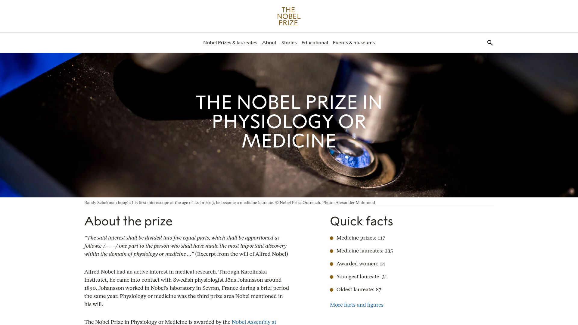 Screenshot of nobelprize.org: Nobel Prize in Physiology or Medicine 2026