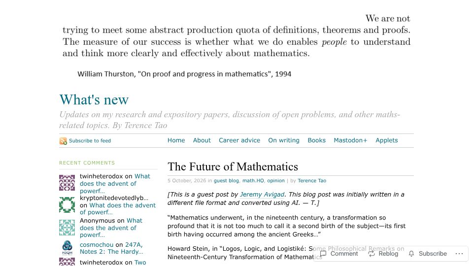 Screenshot of terrytao.wordpress.com: The Future of Mathematics