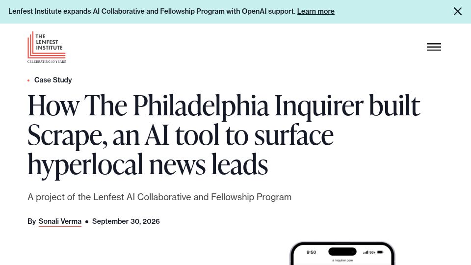 Screenshot of lenfestinstitute.org: The Philadelphia Inquirer built Scrape, an AI tool to surface hyperlocal news
