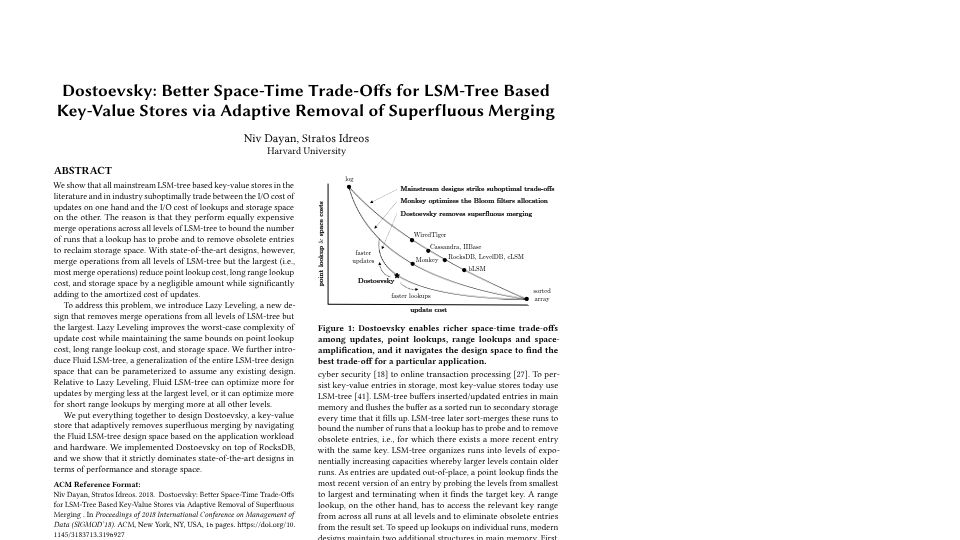 Screenshot of nivdayan.github.io: Better Space-Time Trade-Offs for LSM-Tree Based Key-Value Stores [pdf]