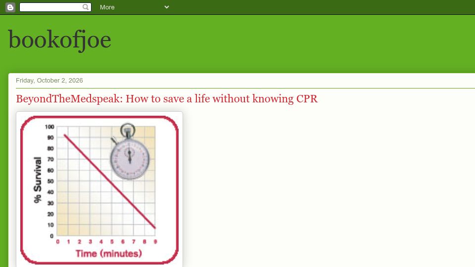Screenshot of bookofjoe2.blogspot.com: How to save a life without knowing CPR