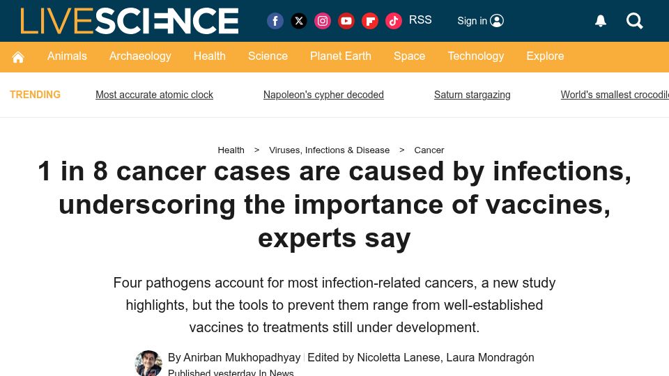 Screenshot of livescience.com: 1 in 8 cancer cases are caused by infections