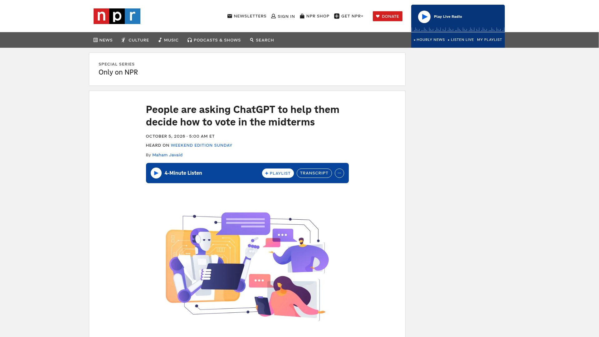 Screenshot of npr.org: People are asking ChatGPT to help them decide how to vote in the midterms