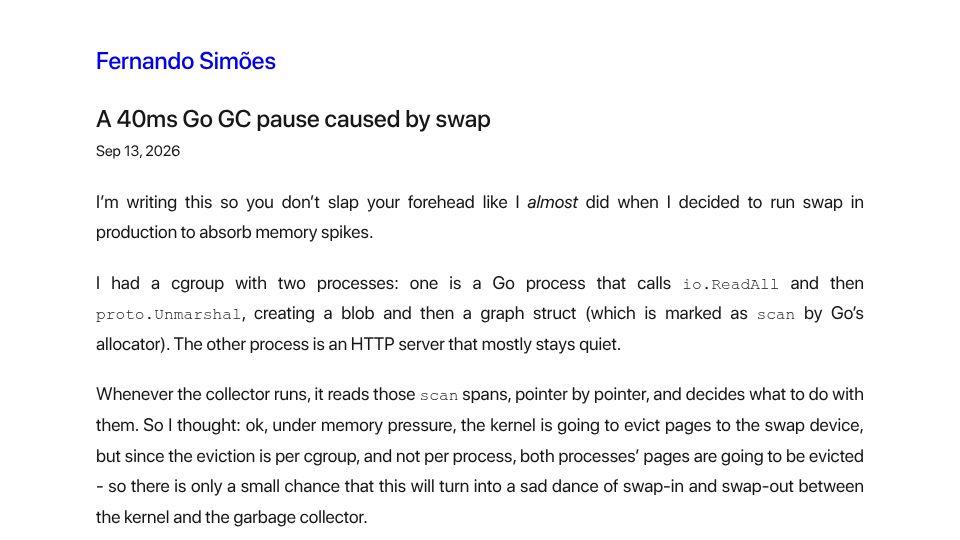 Screenshot of frn.sh: A 40ms Go garbage collector pause caused by swap