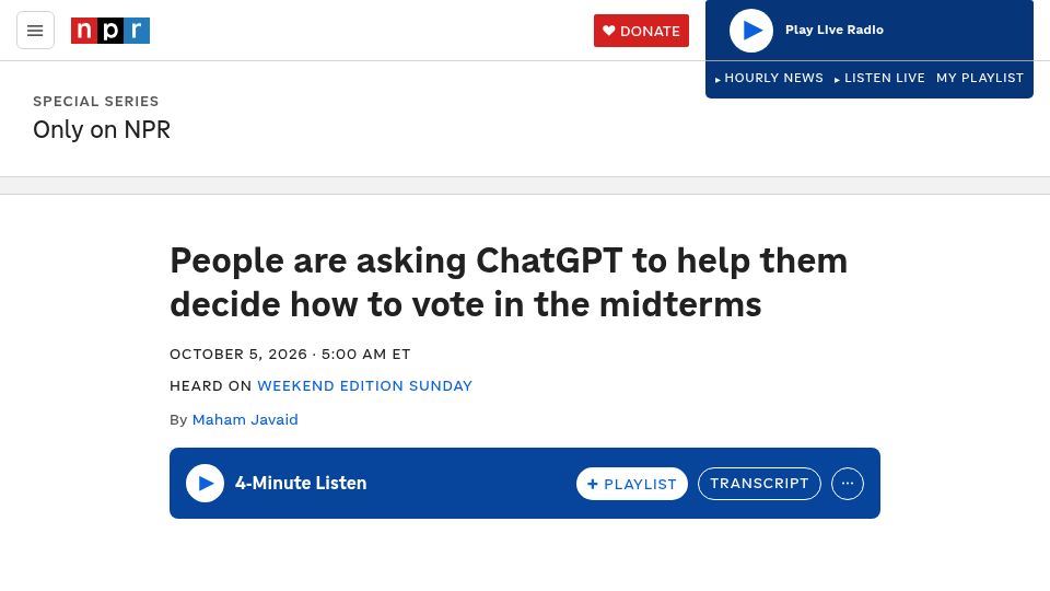Screenshot of npr.org: People are asking ChatGPT to help them decide how to vote in the midterms