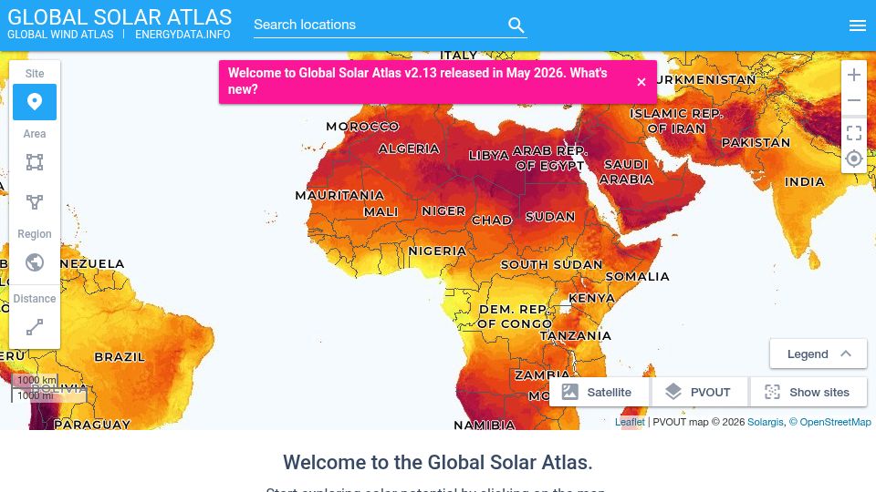 Screenshot of globalsolaratlas.info: Global Solar Atlas: summary of solar power potential globally