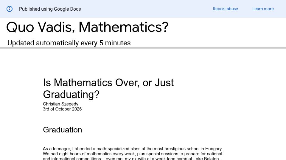 Screenshot of docs.google.com: Is mathematics over, or just graduating?