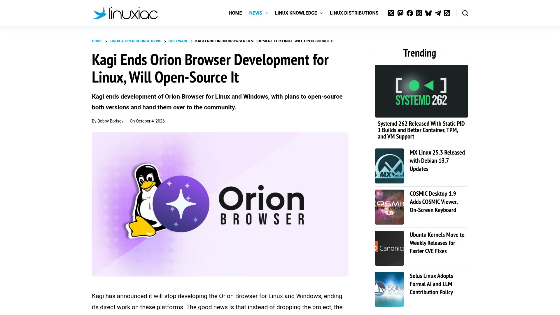 Screenshot of linuxiac.com: Kagi Ends Orion Browser Development for Linux, Will Open-Source It