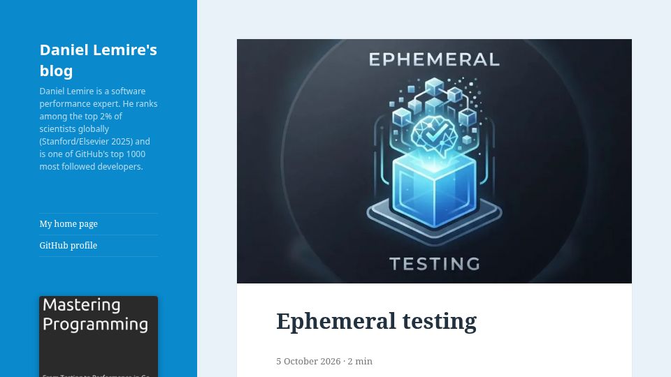 Screenshot of lemire.me: Ephemeral Testing