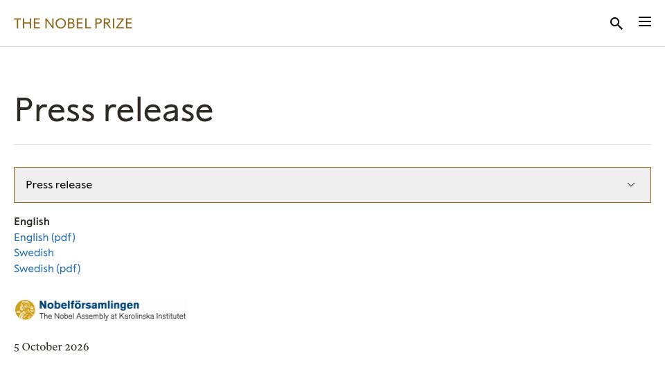 Screenshot of nobelprize.org: Nobel Prize in Physiology or Medicine 2026