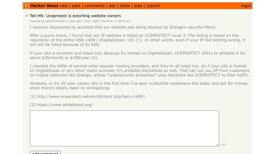 Screenshot of Hacker News post: Tell HN: Uceprotect is extorting website owners