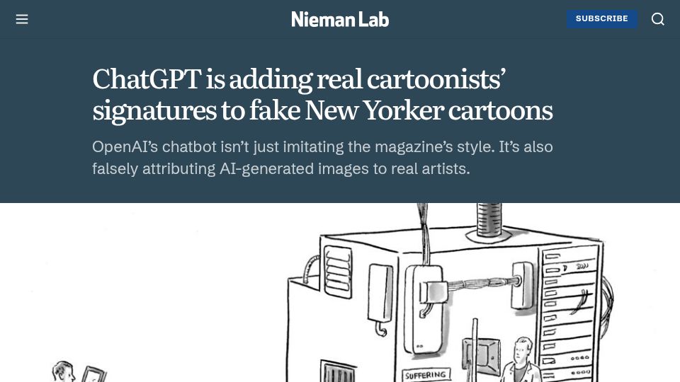 Screenshot of niemanlab.org: ChatGPT is adding real cartoonists' signatures to fake New Yorker cartoons