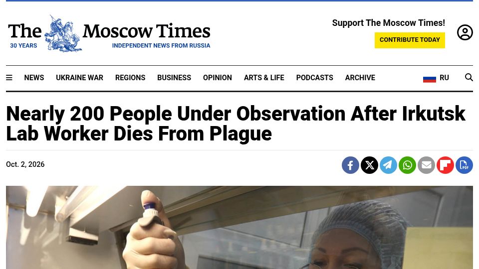 Screenshot of themoscowtimes.com: Nearly 200 people under observation after Irkutsk lab worker dies from plague