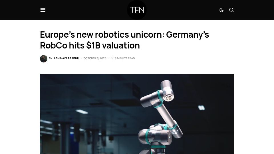 Screenshot of techfundingnews.com: Germany’s RobCo hits $1B valuation