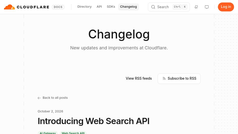 Screenshot of developers.cloudflare.com: Web Search API