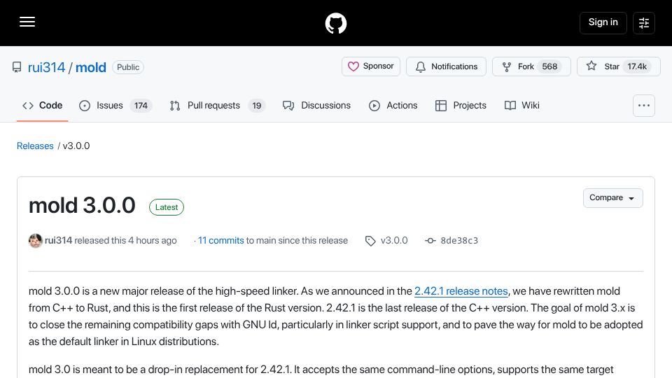 Screenshot of github.com: Mold Linker Version 3.0.0 Release – Rewritten in Rust