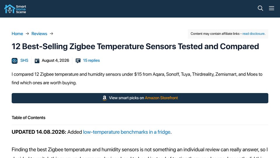 Screenshot of smarthomescene.com: Best-selling Zigbee temperature sensors tested and compared