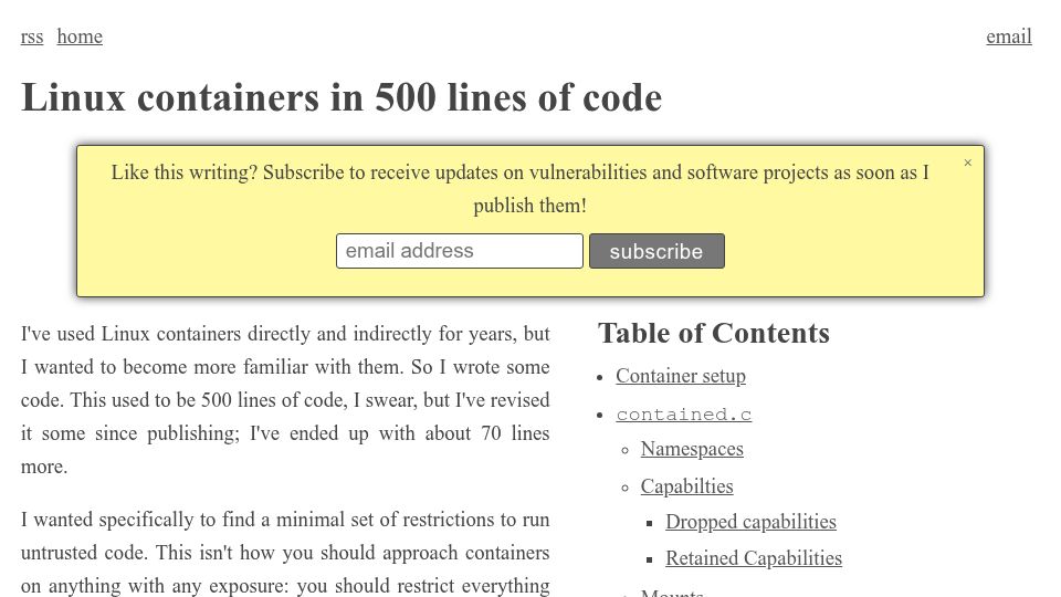 Screenshot of blog.lizzie.io: Linux containers in 500 lines of code (2016)