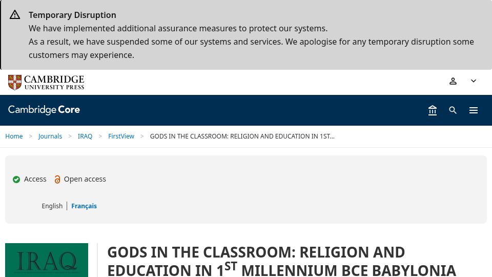 Screenshot of cambridge.org: Gods in the Classroom: Religion and Education in First Millennium BCE Babylonia