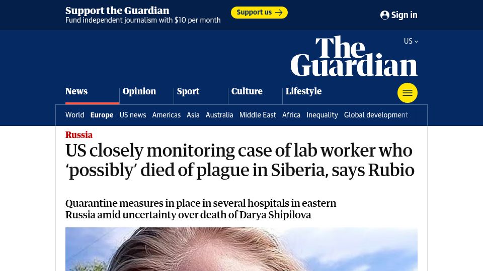 Screenshot of theguardian.com: US closely monitoring case of lab worker who possibly died of plague in Siberia