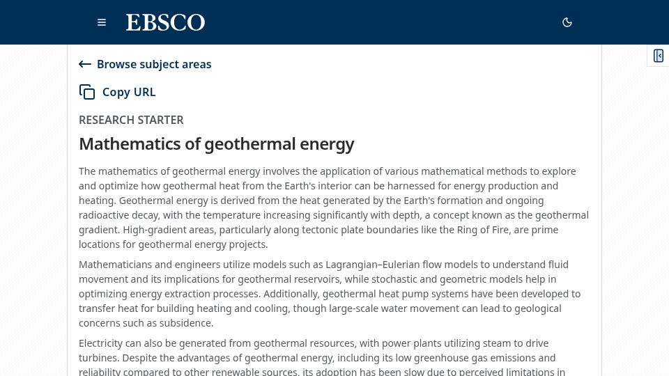 Screenshot of ebsco.com: Mathematics of Geothermal Energy