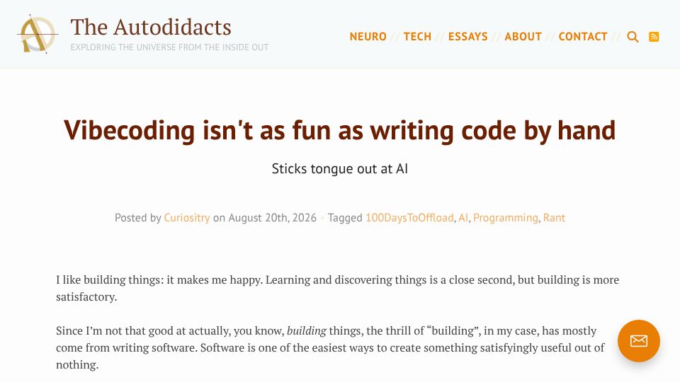 Screenshot of autodidacts.io: Vibecoding isn't as fun as writing code by hand