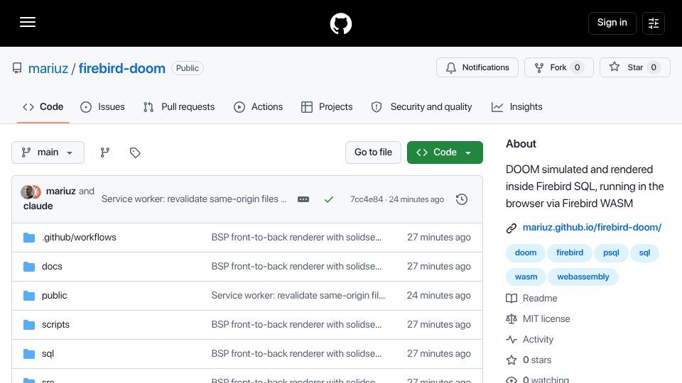 Screenshot of github.com: DOOM, simulated and rendered inside the Firebird SQL database using WASM