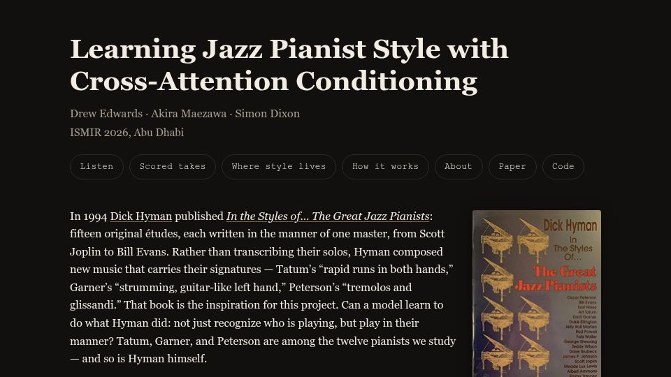 Screenshot of almostimplemented.github.io: Learning Jazz Pianist Style with Cross-Attention Conditioning