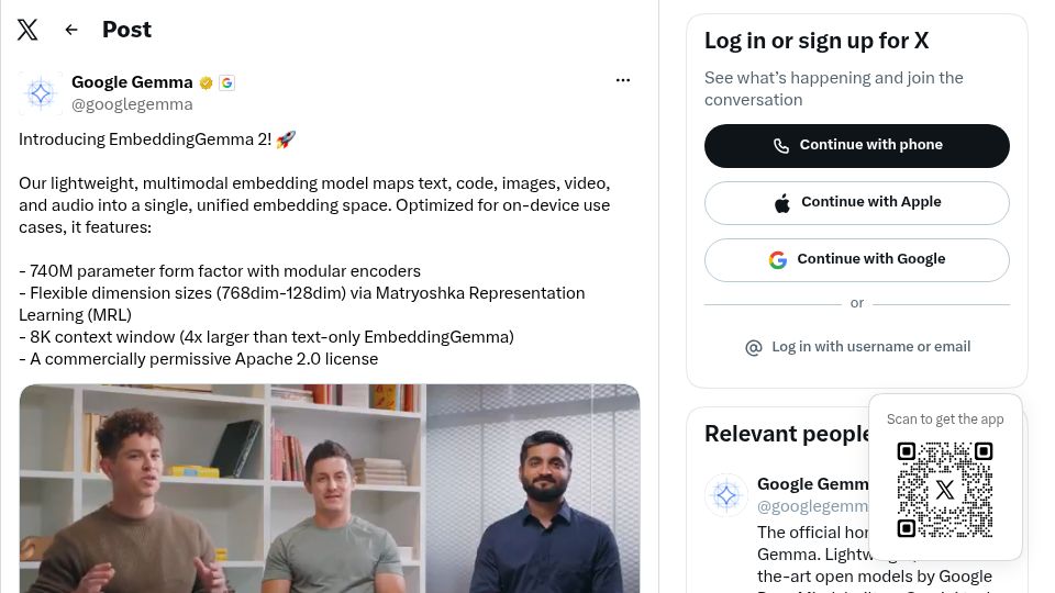Screenshot of twitter.com: Google EmbeddingGemma 2