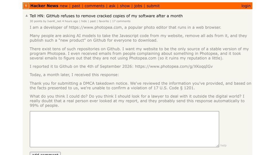 Screenshot of Hacker News post: Tell HN: GitHub refuses to remove cracked copies of my software after a month
