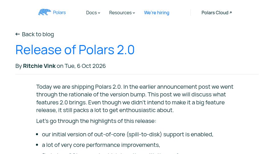 Screenshot of pola.rs: Polars 2.0