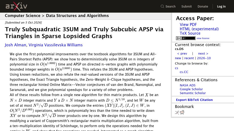 Screenshot of arxiv.org: Subquadratic 3SUM and Subcubic APSP