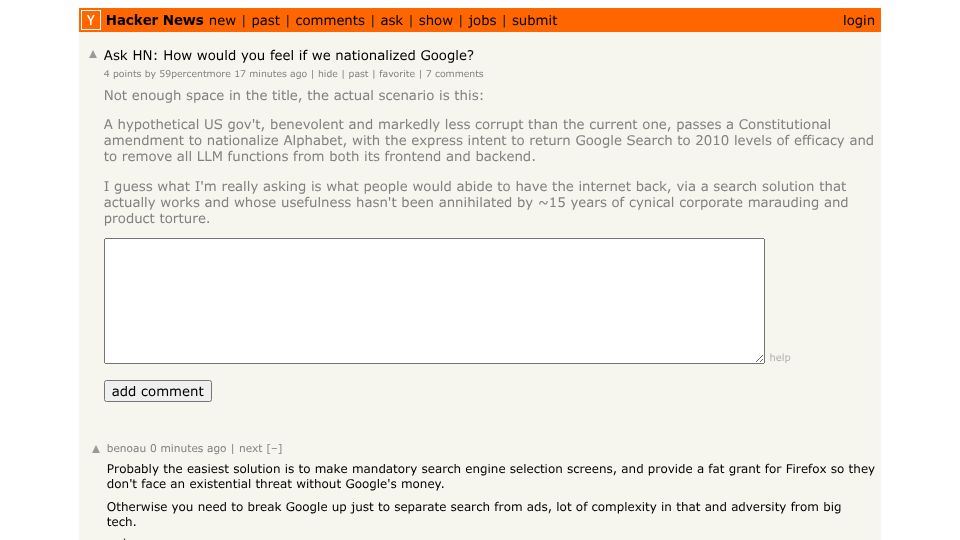 Screenshot of Hacker News post: Ask HN: How would you feel if we nationalized Google?