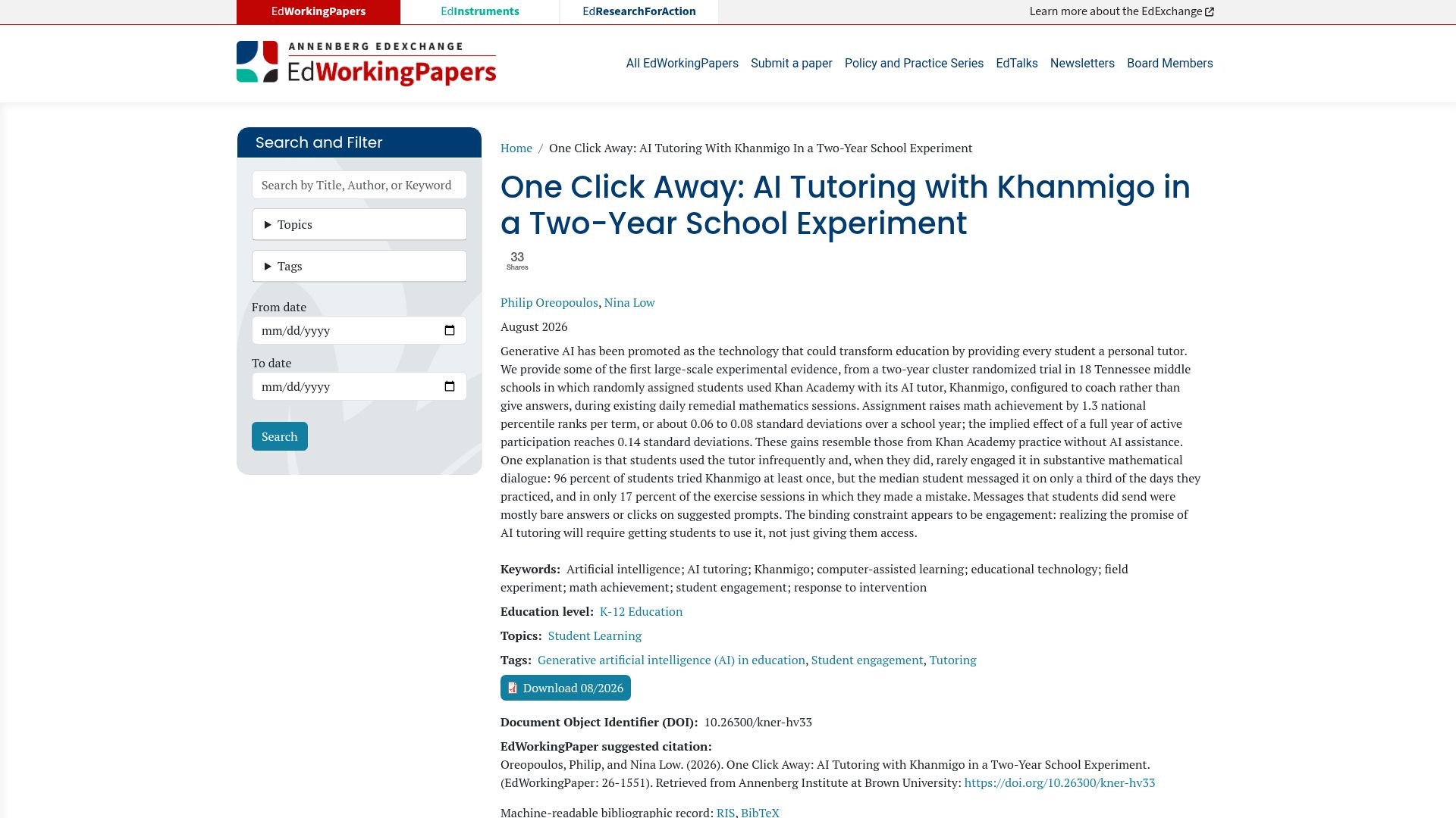 Screenshot of edworkingpapers.com: AI tutoring with Khanmigo in a two-year school experiment